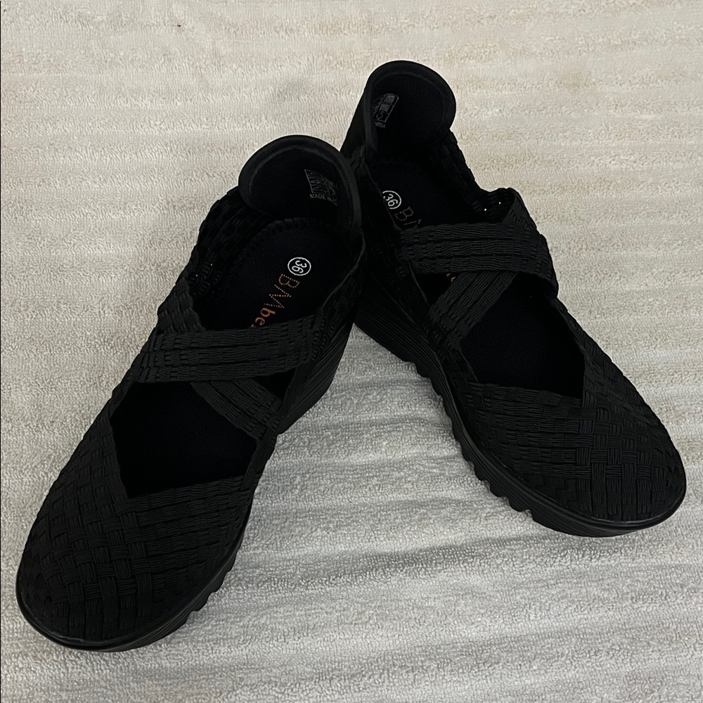 bernie mev. Black Woven Elastic Mary Jane Mules